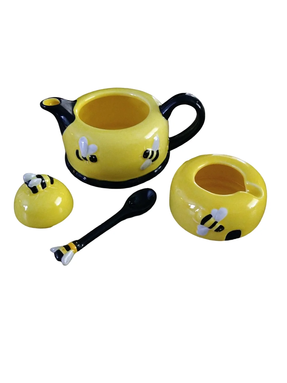 Houston Harvest 3 Piece Honey Bee Tea Stacked  Ceramic Teapot  Set